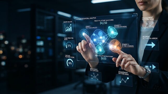 Data science professional interacting with holographic customer behavioral analytics segmentation interface for enterprise predictive audience intelligence and digital marketing data science solutions