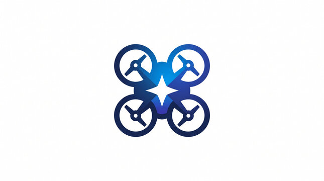 Blue gradient quadcopter drone vector logo icon with a glowing star center, representing aerial photography, drone technology, smart surveillance, robotics, and innovation.