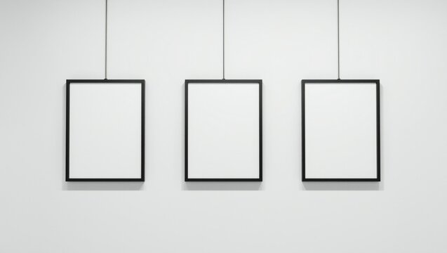 Three empty black photo frames hanging on a wall for gallery display