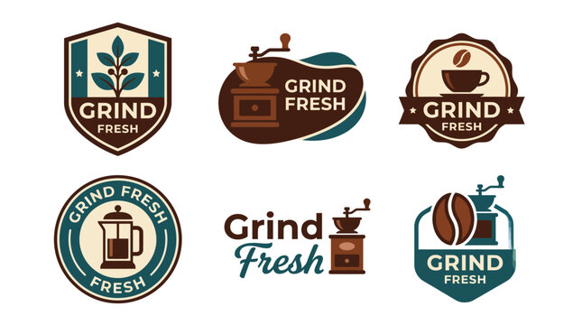 This series of logos emphasizes the concept of fresh coffee grinding, promoting freshness and quality in coffee products, appealing to coffee lovers and enthusiasts worldwide.