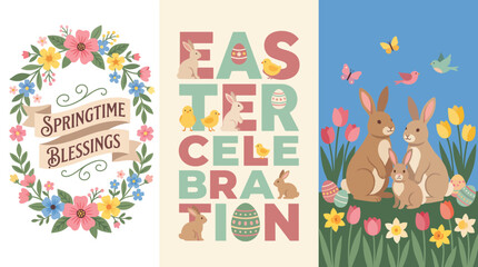 Fototapeta premium This vibrant image features a floral design that celebrates springtime and Easter with cheerful elements like bunnies, flowers, and colorful eggs, evoking joy.