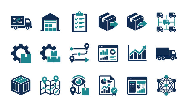 Set of logistics and supply chain icons including delivery, warehouse, tracking, and data analysis