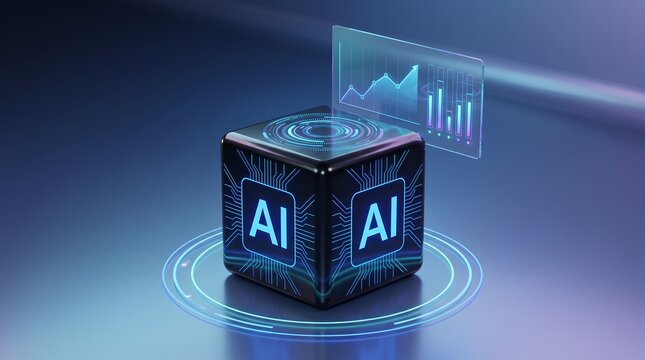 Futuristic AI artificial intelligence processor cube with data visualization