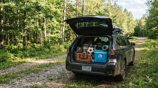 Open car trunk loaded picnic basket blue cooling box soccer ball parked near summer forest line weekend road trip vacation getaway family lifestyle concept vehicle travel tourism baggage