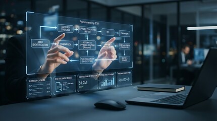 Fototapeta premium Procurement executive interacting with holographic digital procurement purchase-to-pay interface for enterprise supplier management and automated corporate purchasing strategy solutions.