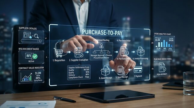 Procurement executive interacting with holographic digital procurement purchase-to-pay interface for enterprise supplier management and automated corporate purchasing strategy solutions.