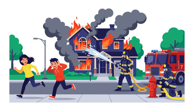House on fire emergency scene with firefighters extinguishing flames near fire truck engine and panicking people flat vector illustration