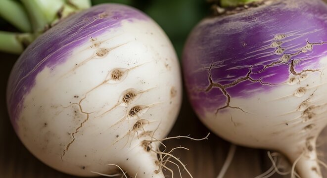 Two whole fresh raw turnips with purple tops vegetable ingredient nutrition