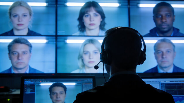Person with headset in front of multiple screens