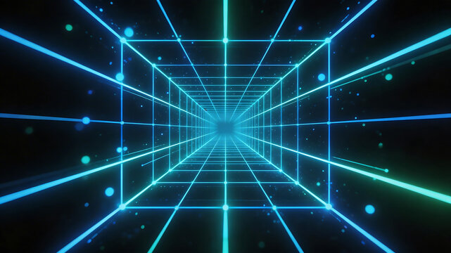 Neon grid tunnel with glowing lines