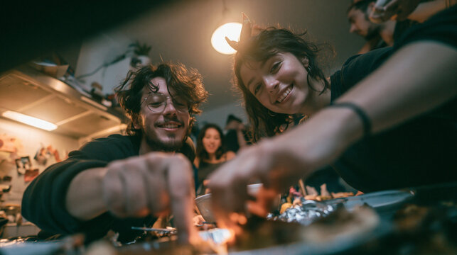 Friends Smiling and Reaching for Food at Home Party