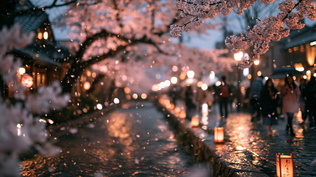 Cherry Blossoms Illuminated along Canal in Japan at Night