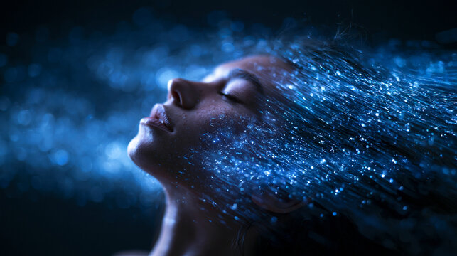 Woman with Closed Eyes Surrounded by Glowing Blue Particles