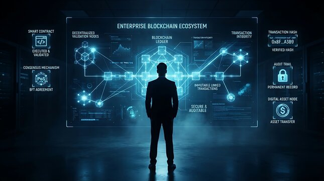 Business executive standing before holographic enterprise blockchain distributed ledger interface for corporate digital transaction management and immutable smart contract technology solutions.