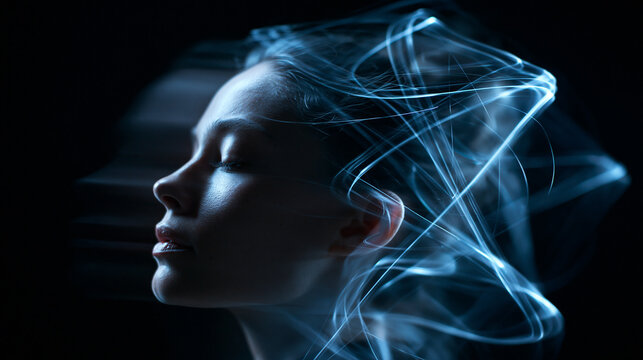 Woman with Abstract Glowing Energy and Thoughts Around Head
