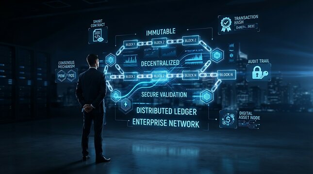 Business executive standing before holographic enterprise blockchain distributed ledger interface for corporate digital transaction management and immutable smart contract technology solutions.