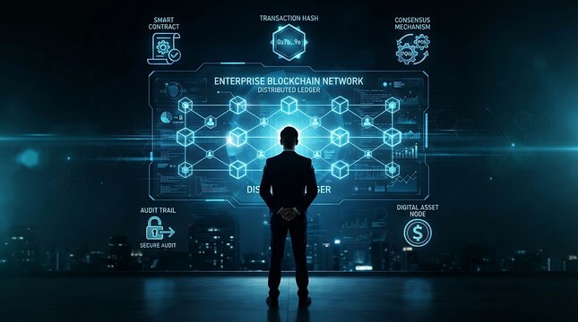 Business executive standing before holographic enterprise blockchain distributed ledger interface for corporate digital transaction management and immutable smart contract technology solutions.