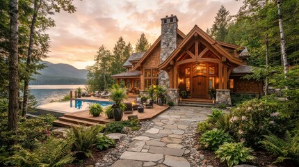 Fototapeta premium Lakeside timber lodge with pool and stone path