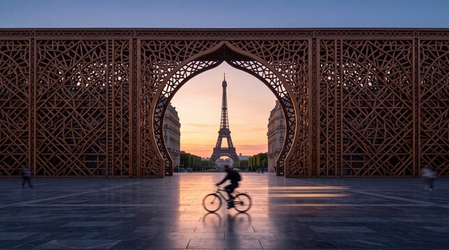 Eiffel Tower Framed by Modern Archway at Sunrise in Paris