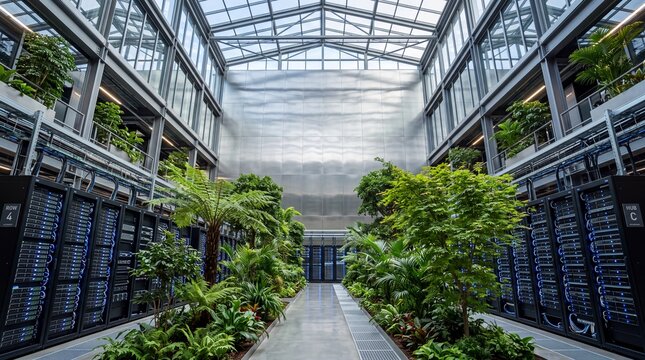 Sustainable Modern Data Center with Lush Greenery and Servers