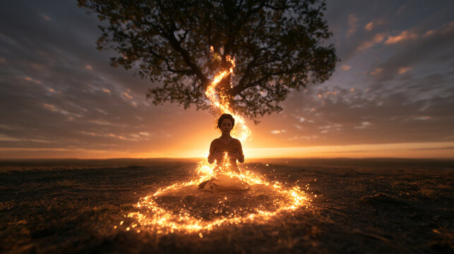 Woman Meditating Outdoors with Glowing Energy Connected to Tree