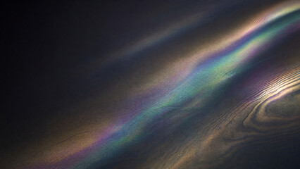 Naklejka premium Iridescent oil slick texture on dark water, rainbow gasoline film surface, colorful fuel spill abstract background