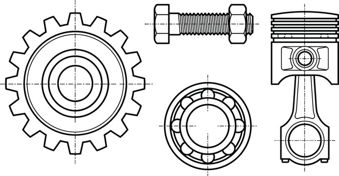 Mechanical Engineering Technical Drawing Vector Set with Gear Wheel, Industrial Bolt and Nut, Ball Bearing, and Car Engine Piston Blueprint Elements