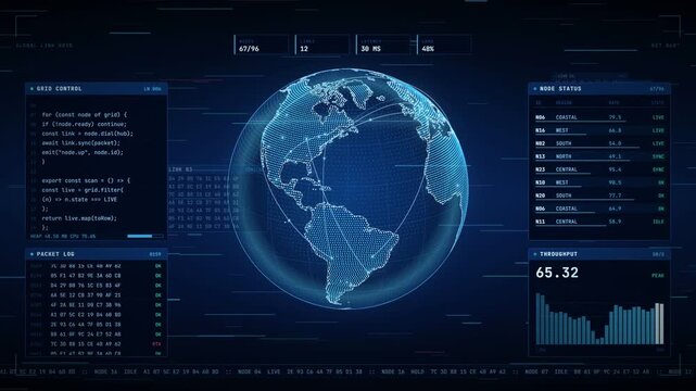 Rotating wireframe globe on a dark network operations dashboard with live throughput chart