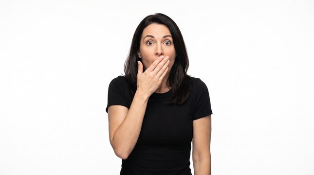 Surprised and shocked young woman covering her mouth with hand in amazement on white background