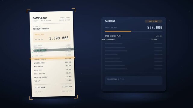 Invoice line items checked off as a payment panel fills and a paid stamp appears