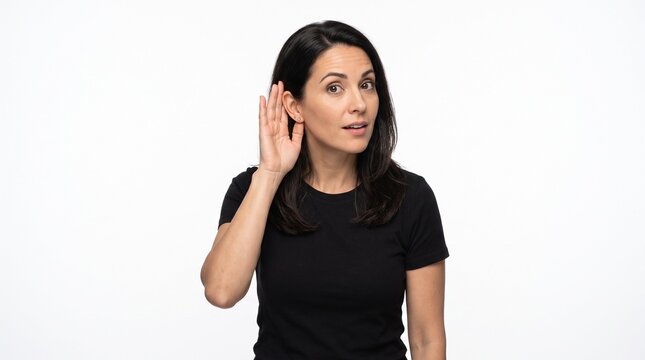 Curious woman cupping hand to ear listening closely and trying to hear something, expressing doubt