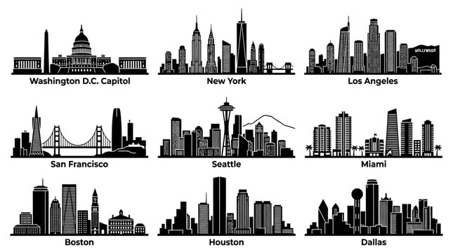 Collection of black silhouette skylines representing famous major cities in the United States of America.