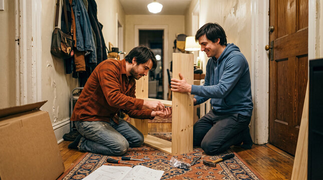 Roommates assembling a wooden shelf together