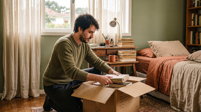 Man unpacking books from cardboard box
