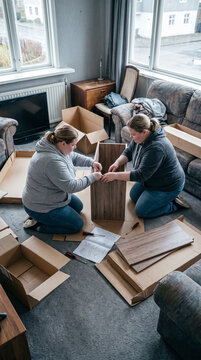 Women assemble flat pack furniture indoors