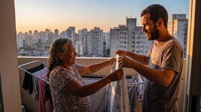 Grandmother and grandson folding laundry