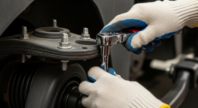 Skilled mechanic in protective gloves uses a socket wrench to tighten bolts on automotive suspension system