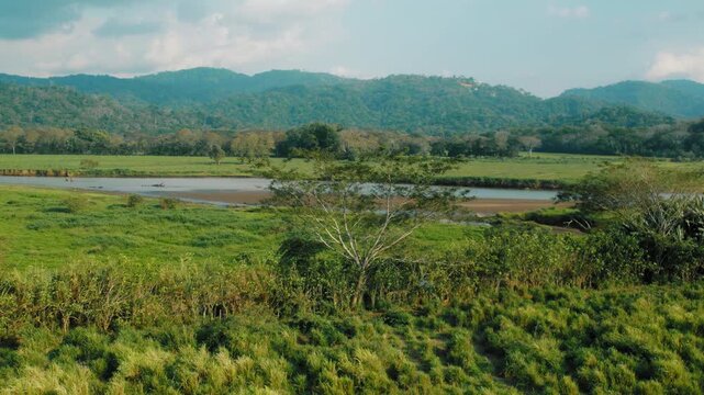 Tropical river valley with mountains and green flora in Costa Rica
