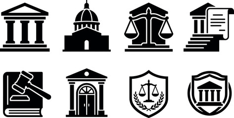 Fototapeta premium Government and law icon vector set with courthouse scale of justice gavel and authority shield symbols isolated on white background