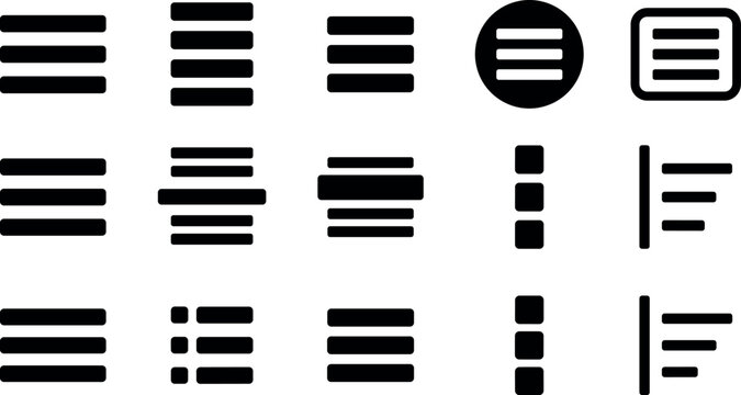 Hamburger menu button and text alignment vector icon set with list options paragraph layout navigation symbols isolated on white background