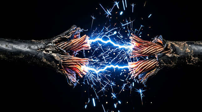 Electrical short circuit with damaged copper wire cable emitting bright sparks