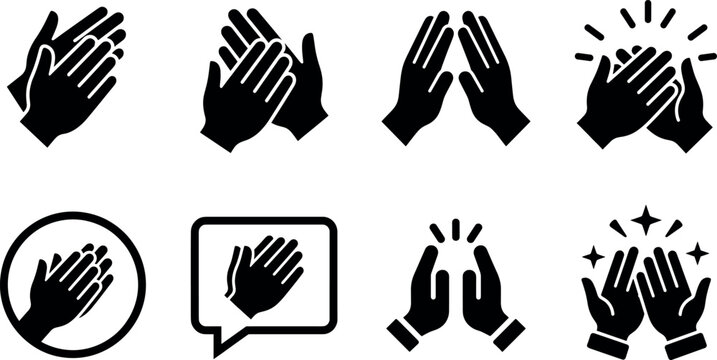 Clapping hands applause and high five solid glyph icon set featuring celebration appreciation approval prayer chat bubble circle symbols vector
