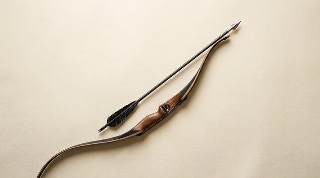 Traditional wooden recurve bow and arrow with metal tip on a light textured background with copy space