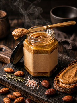 A jar of homemade almond butter with a golden knife spreading paste on artisanal bread, surrounded by almonds and pink salt.
