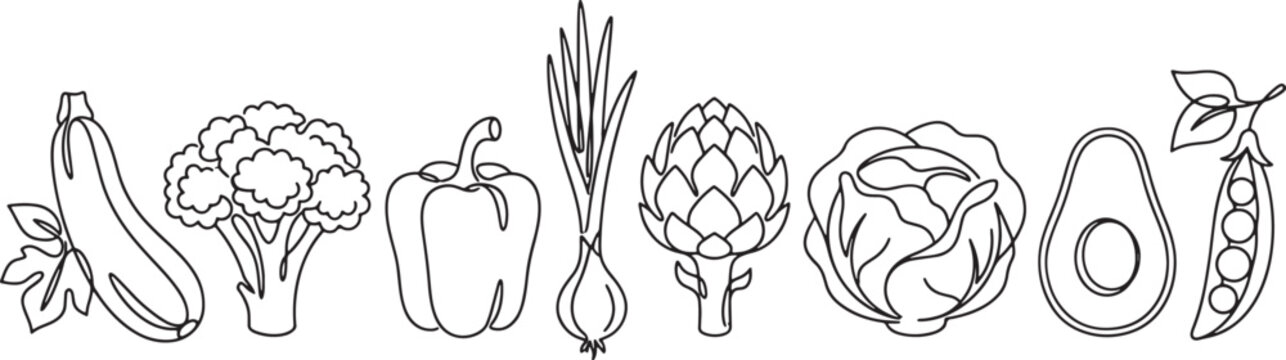 Set of hand drawn vegetable icons featuring zucchini broccoli pepper onion artichoke cabbage avocado and peas in line art