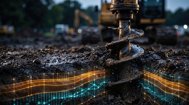 Heavy machinery auger drilling into muddy earth with digital data overlay