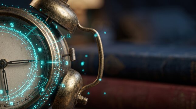 Vintage alarm clock with glowing digital elements and blurred books in background