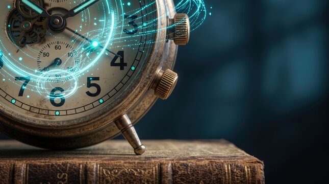 Vintage alarm clock with glowing digital energy streams on an old book