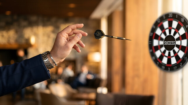 Man in a suit throwing a dart at a dartboard with the word success in the center for business concept