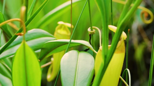 Close up of a Nepenthes mirabilis or the common swamp pitcher-plant and tropical pitcher plant, is a carnivorous plant species in Madagascar rainforest. 